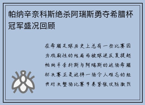 帕纳辛奈科斯绝杀阿瑞斯勇夺希腊杯冠军盛况回顾 帕纳辛奈科斯绝杀阿瑞斯勇夺希腊杯冠军盛况回顾